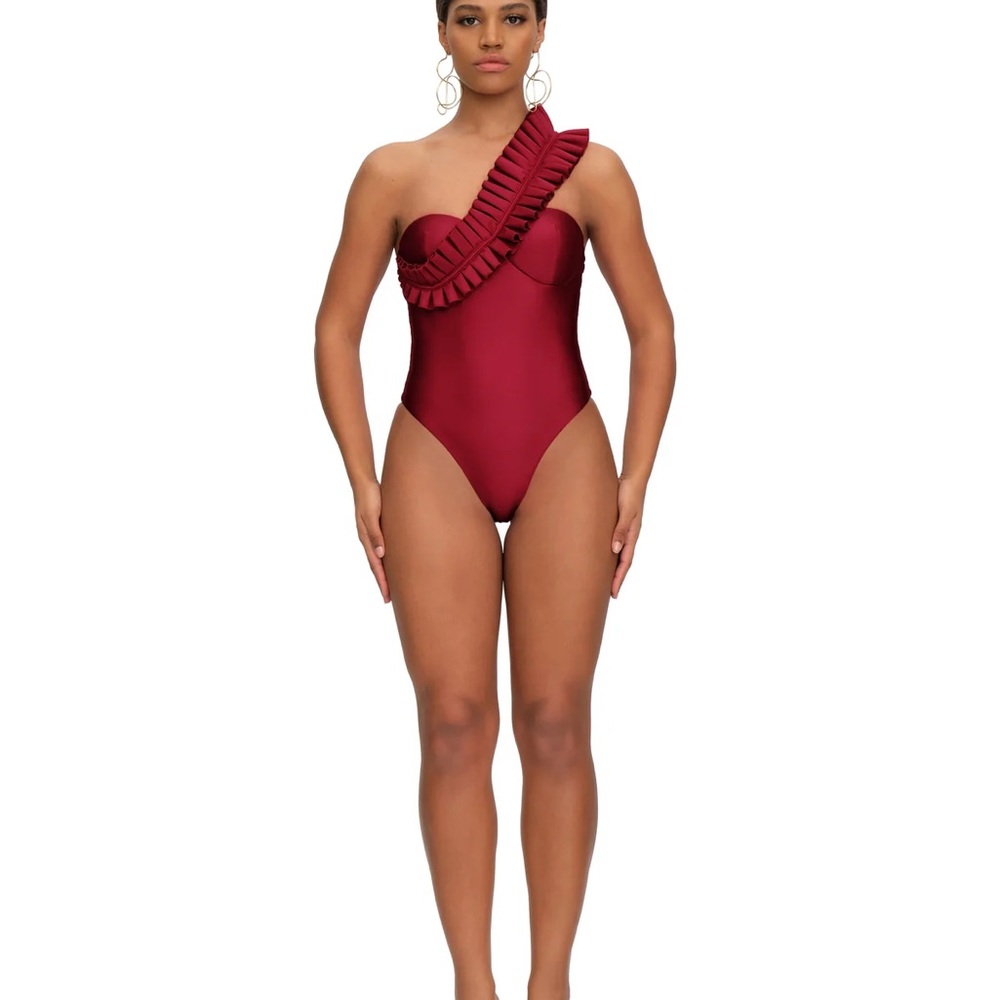 Elegant One-Shoulder Ruffle Swimsuit - Red